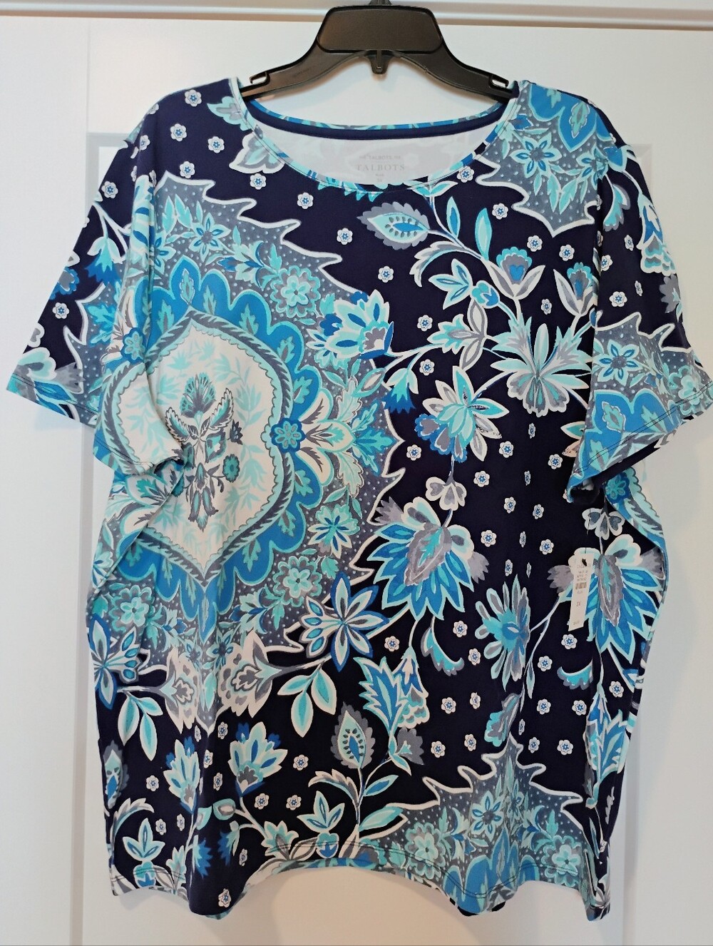 NWT 3X Talbots Women's Plus Blue Medallion Floral Print T-shirt Stretch NEW